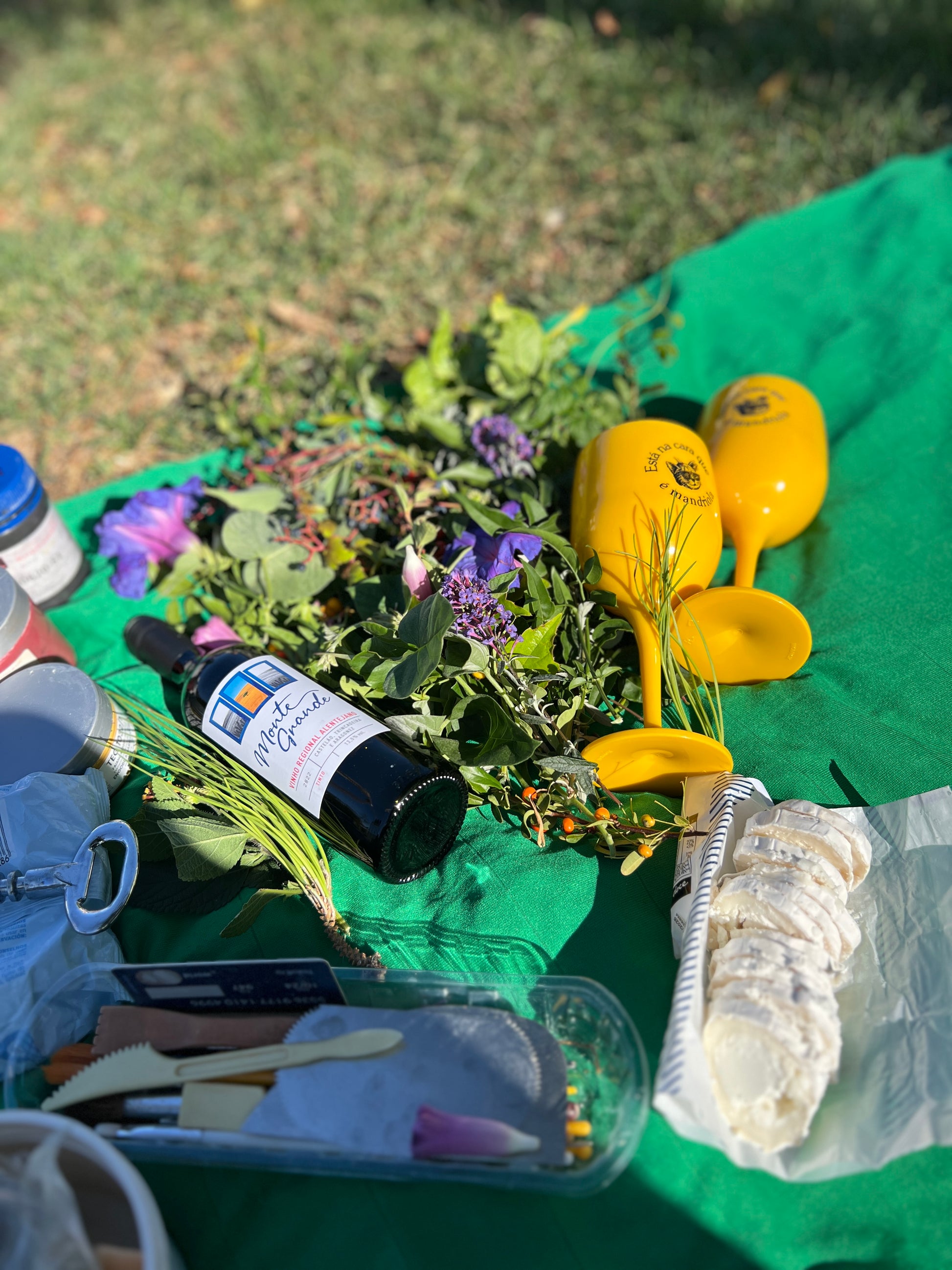 Herbal remedies and tools on a green blanket outdoors