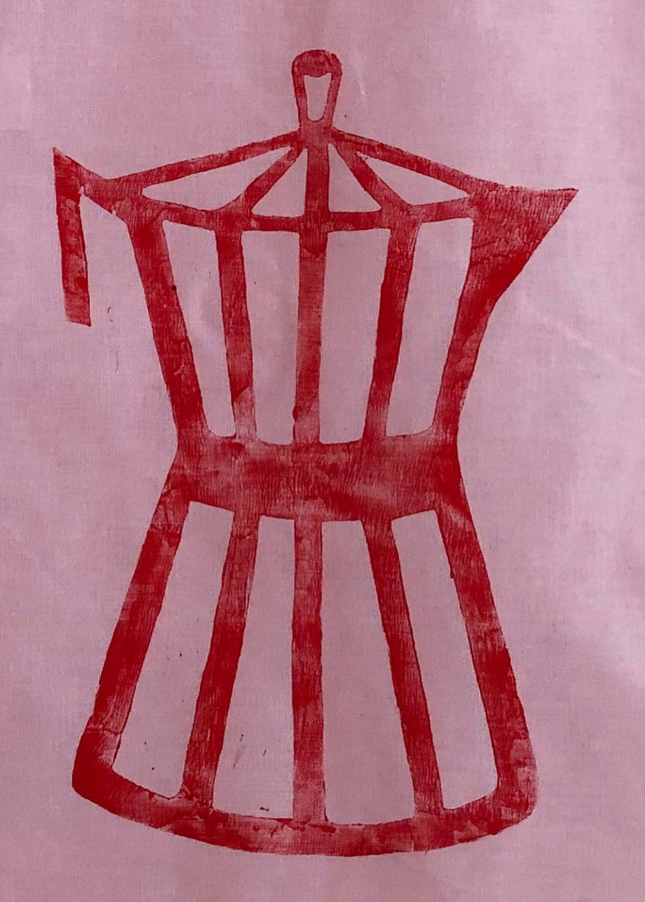Red abstract design on a textured beige background
