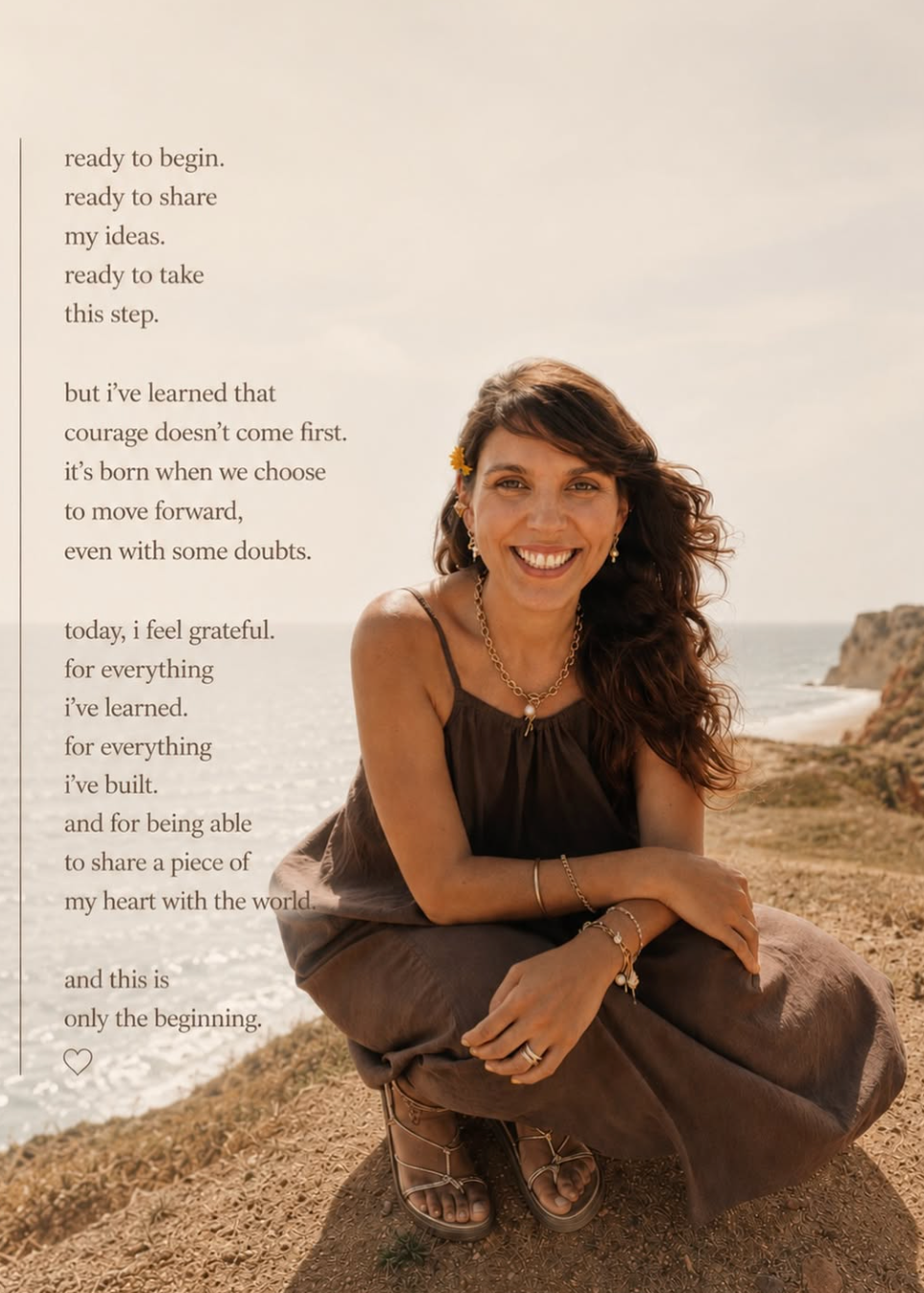 A woman crouches on a rocky beach cliffside, wearing a brown sleeveless dress and sandals, with ocean and sky in the background. Text appears on the left side of the page.