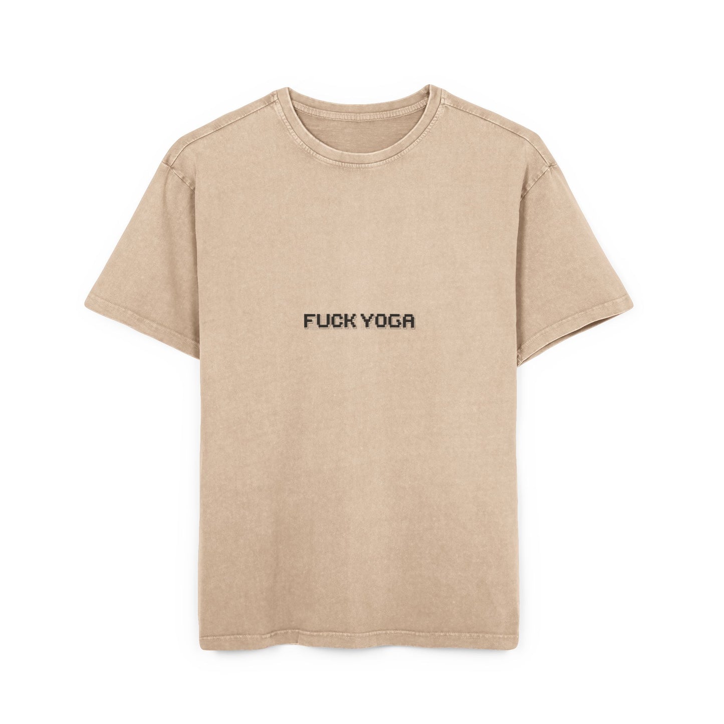 Beige t-shirt with 'FUCK YOGA' text on a white background