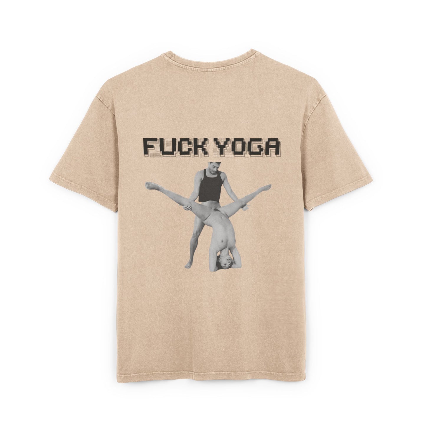 Beige t-shirt with graphic design and text on a white background