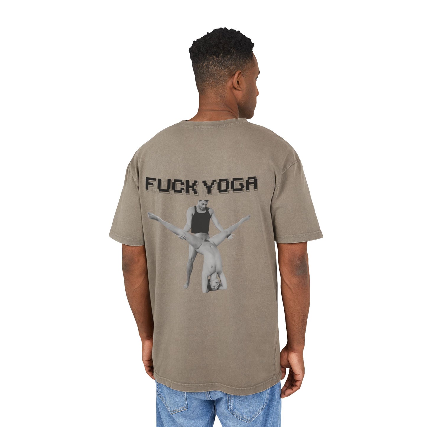 Man wearing a beige t-shirt with 'FUCK YOGA' text and graphic on the back.