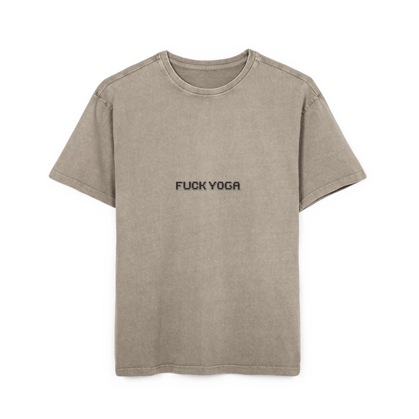 Beige t-shirt with 'FUCK YOGA' text on a white background