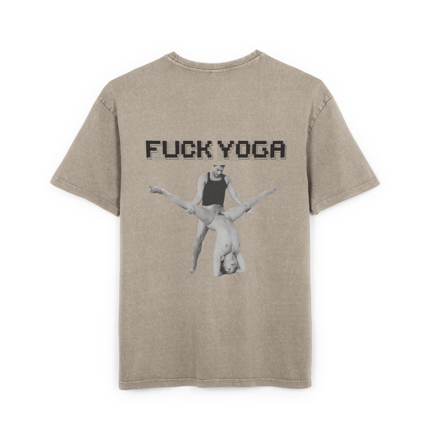 Beige t-shirt with graphic design and text on a white background