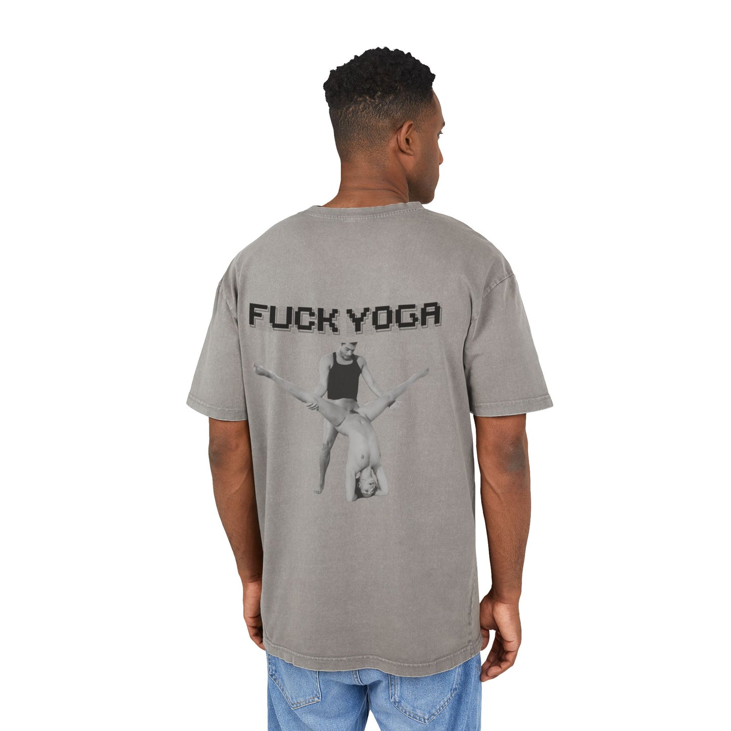 Person wearing a gray t-shirt with 'F*** YOGA' text and graphic on the back.