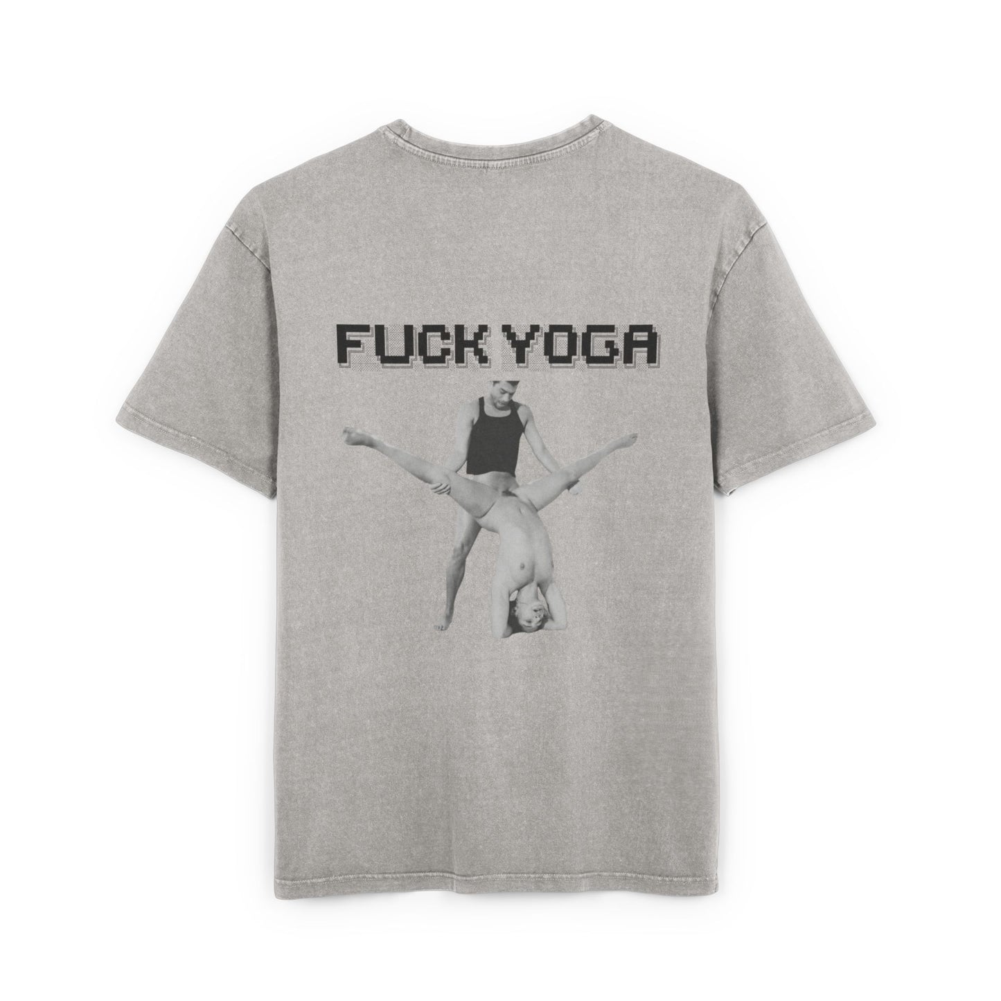 Gray t-shirt with 'FUCK YOGA' text and graphic on a white background