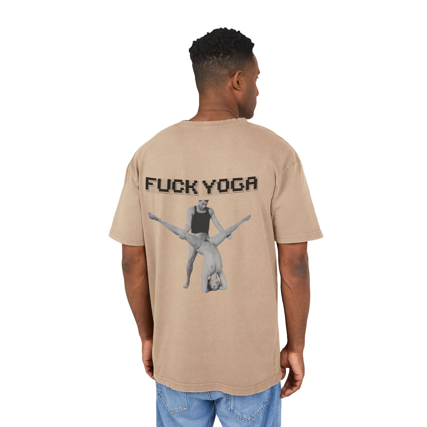 Man wearing a beige t-shirt with 'F*** YOGA' text and graphic on the back.