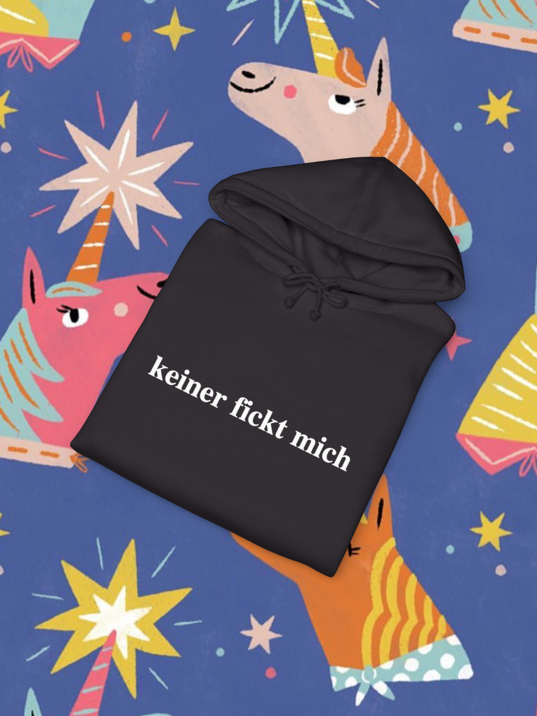 Black hoodie with text on a colorful unicorn-themed background