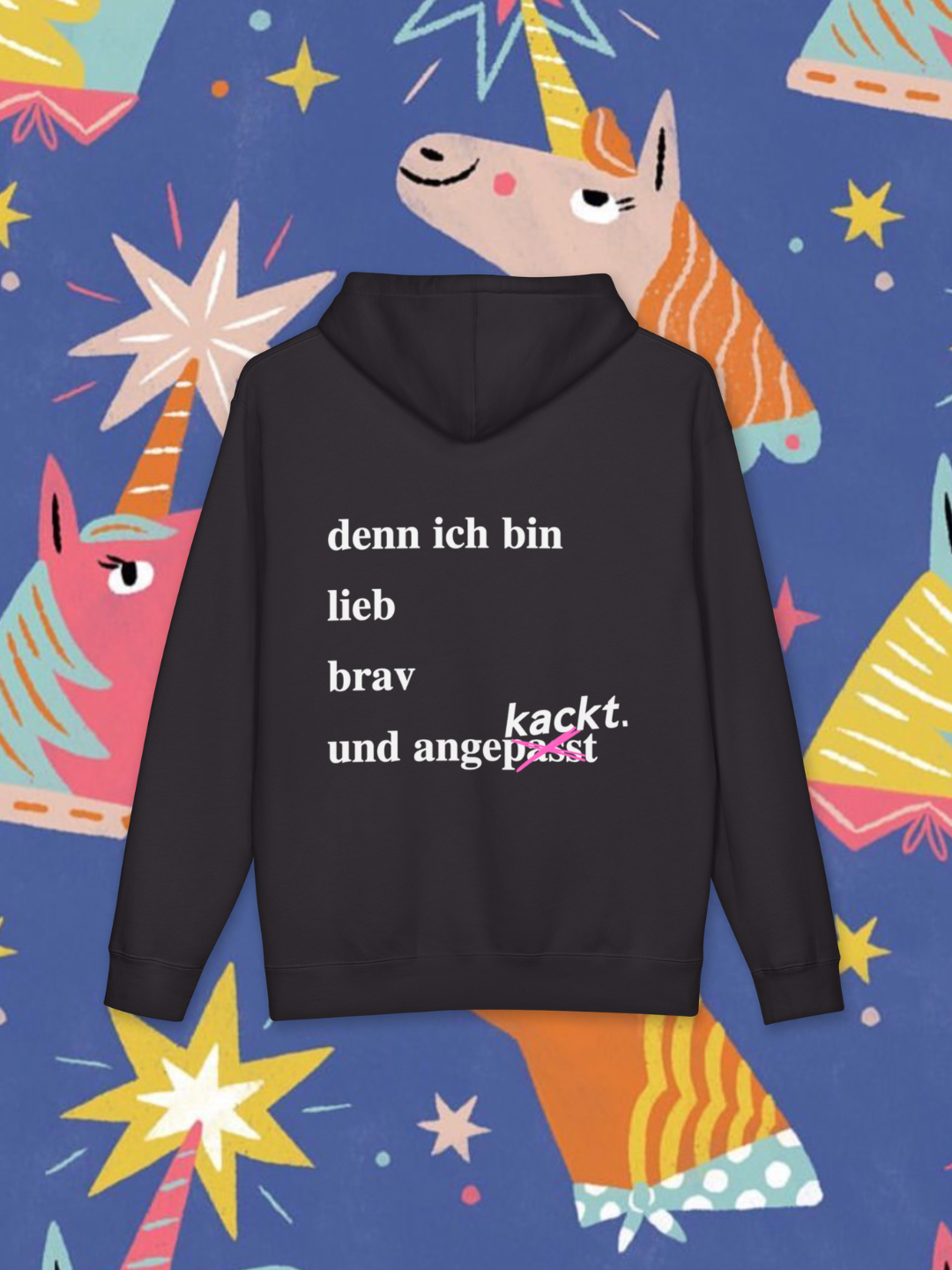 Black hoodie with text on a colorful background with cartoon animals