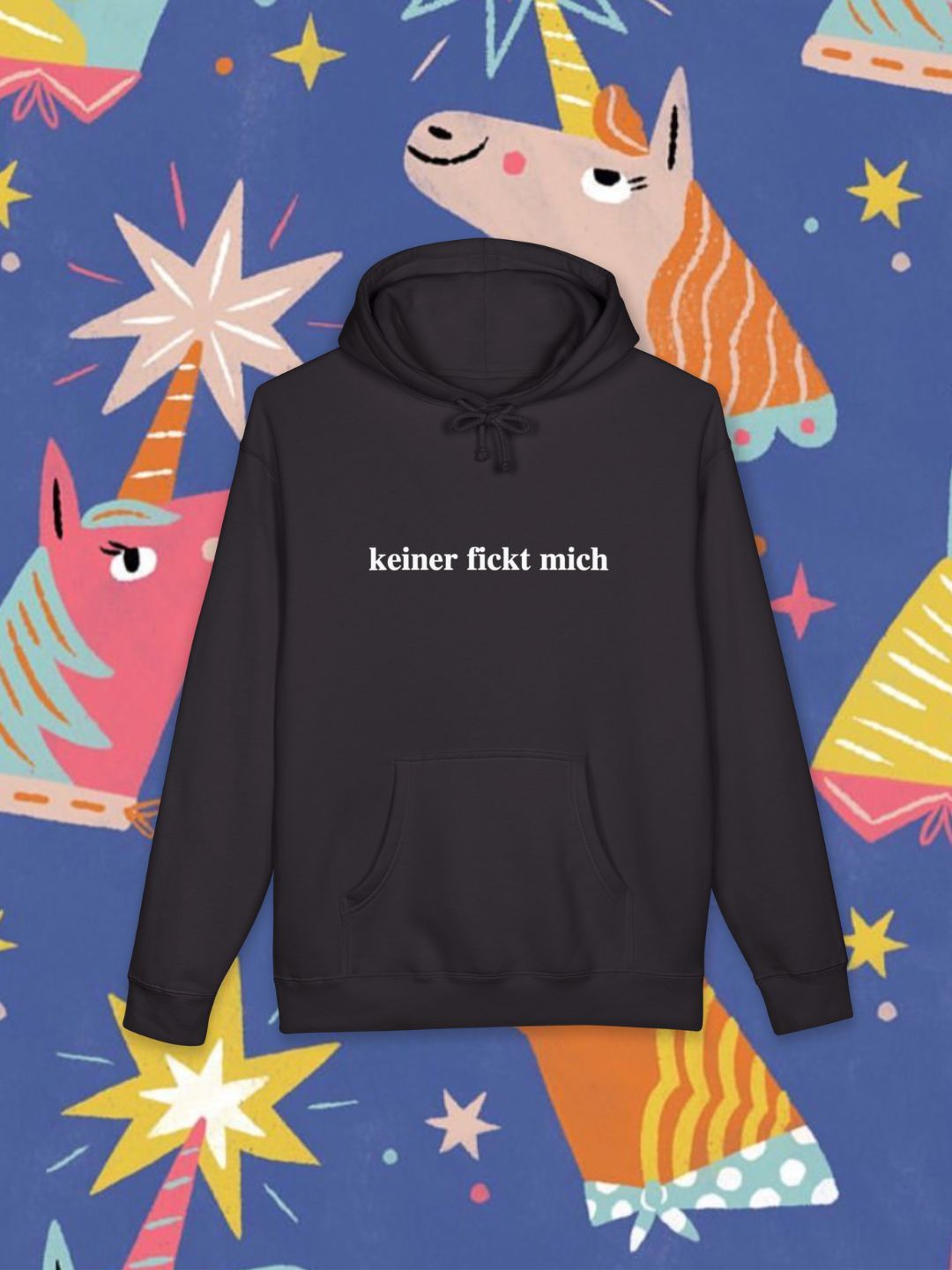 Black hoodie with text on a colorful background with cartoon unicorns
