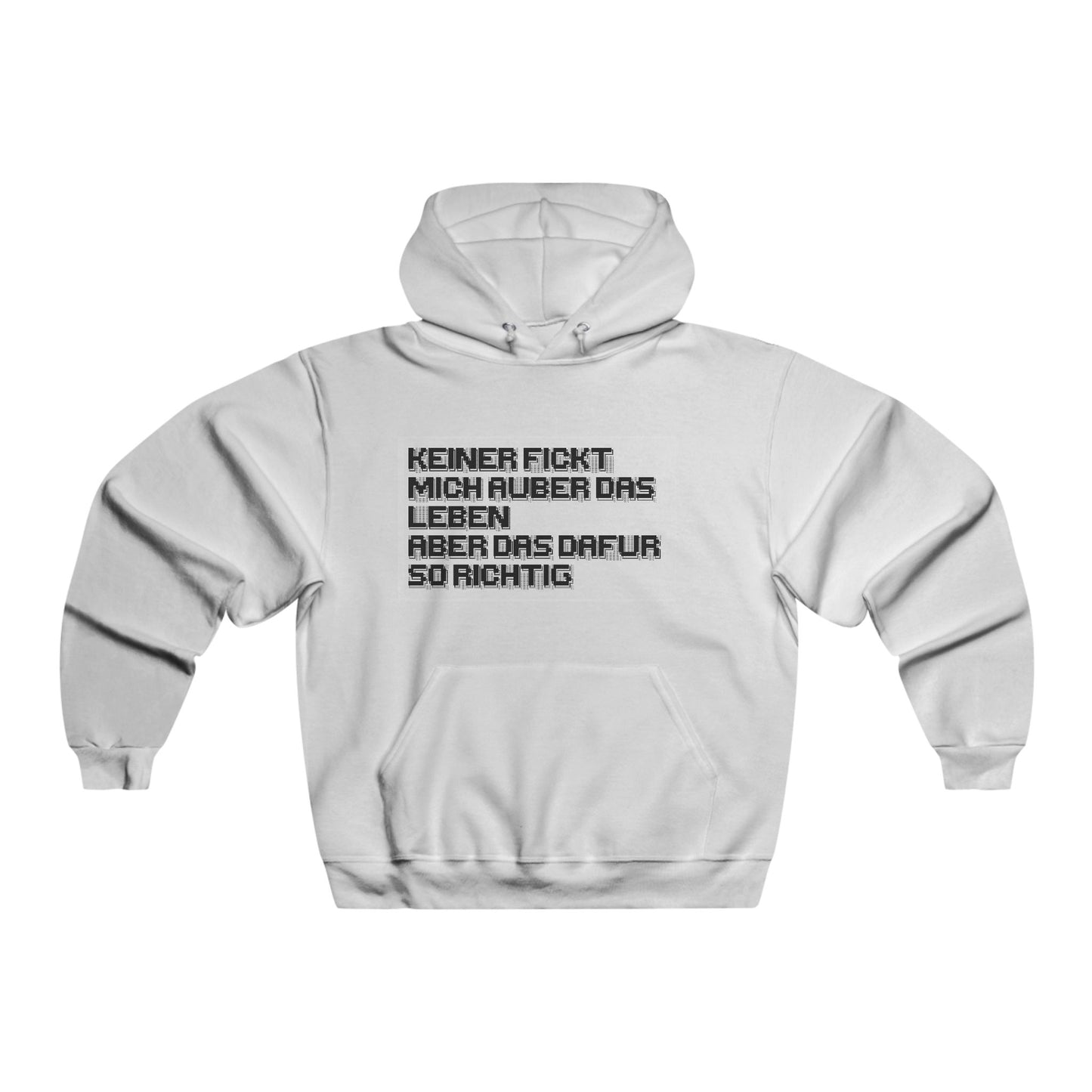 White hoodie with black text on a white background