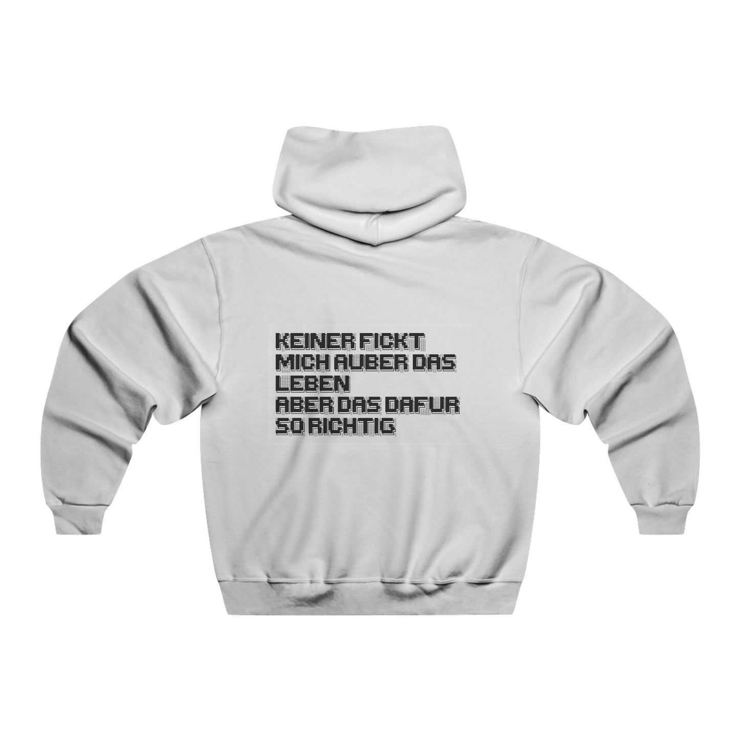 Gray hoodie with text on the back against a white background