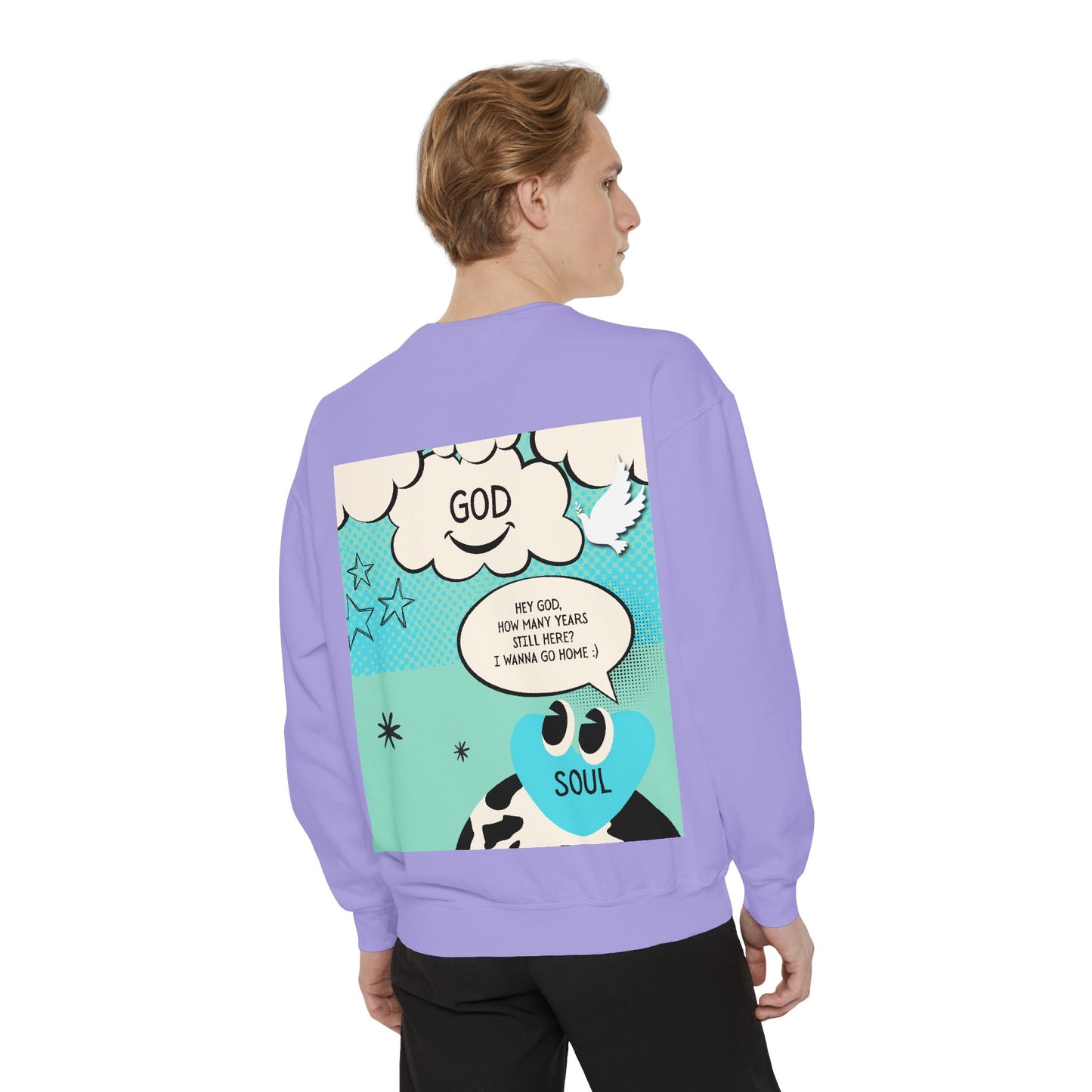 Person wearing a purple sweatshirt with a graphic design on the back