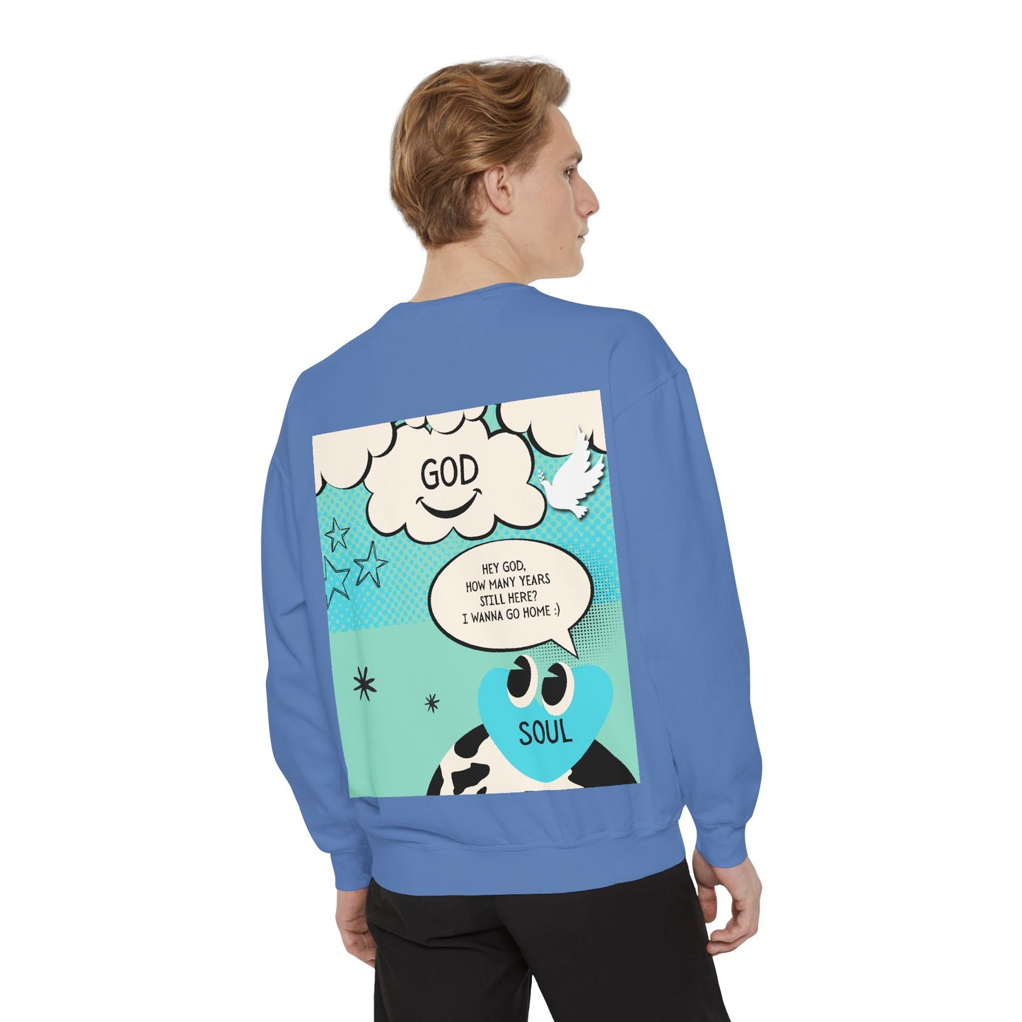 Person wearing a blue sweatshirt with a graphic design on the back