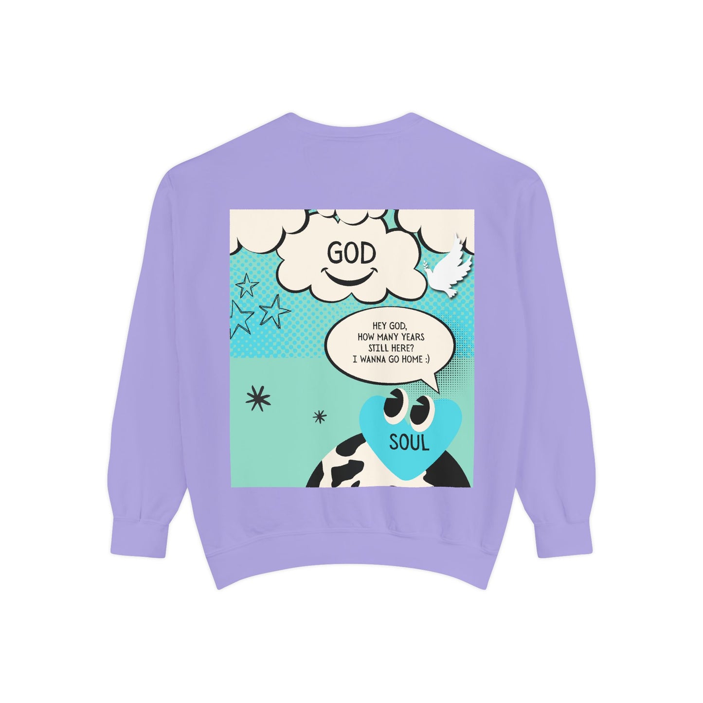 Purple sweatshirt with a cartoon design on the back featuring text and a cow-like character.