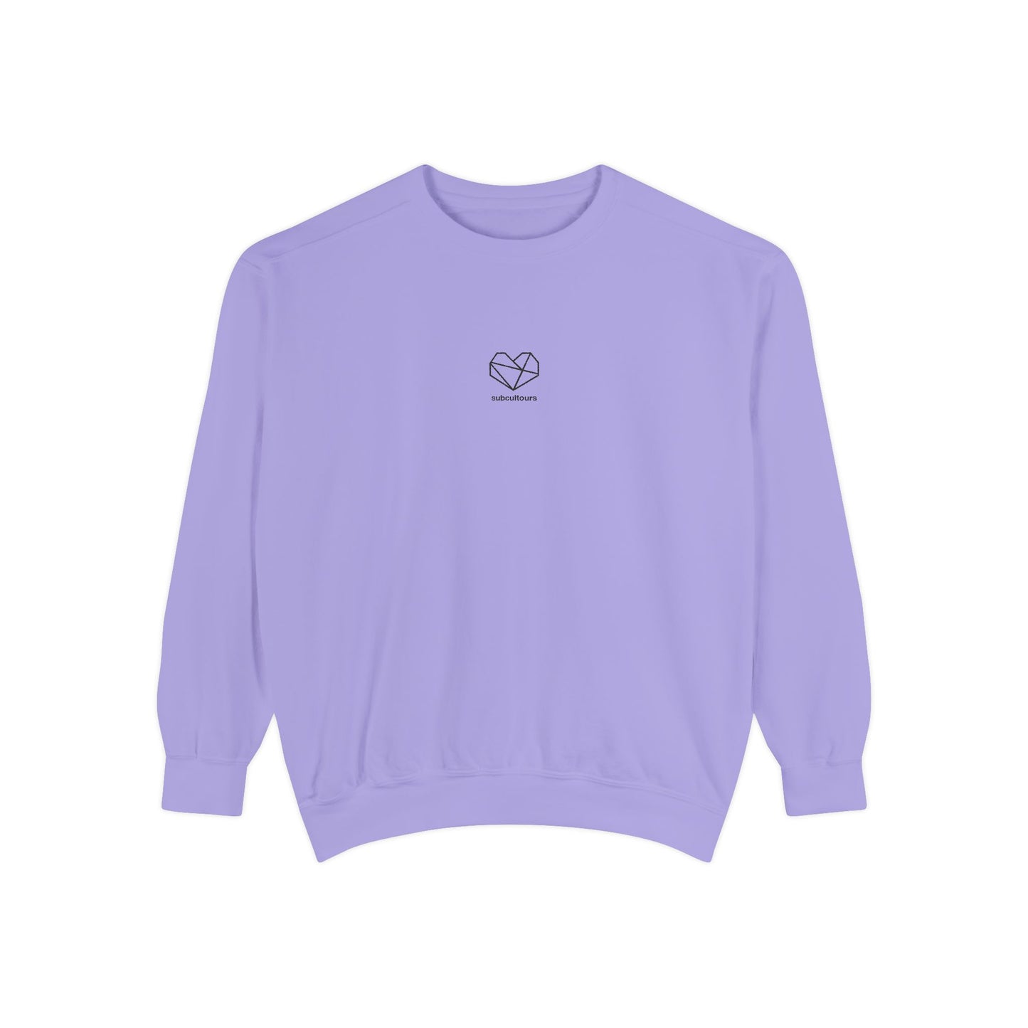 Purple sweatshirt with a heart design on a white background