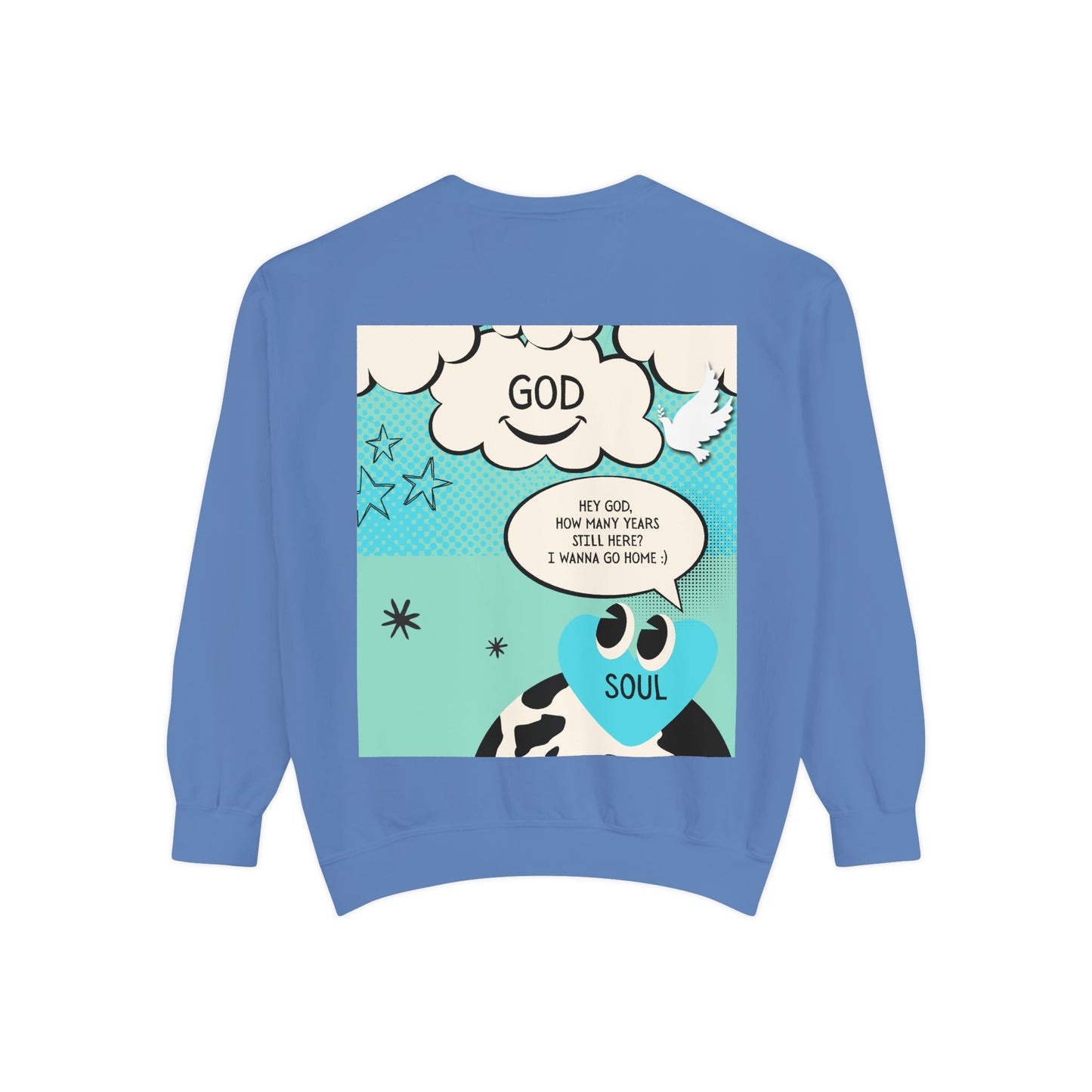 Blue sweatshirt with a cartoon design featuring 'God' and 'Soul' on a white background