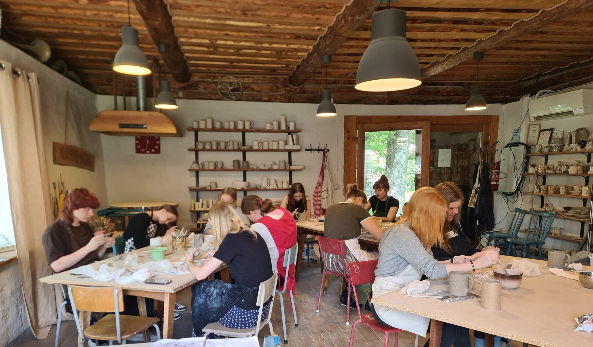 Ceramic Handbuilding Workshop with Marika and Ivika in Noarootsi Peninsula, Estonia, student group creating, by subcultours