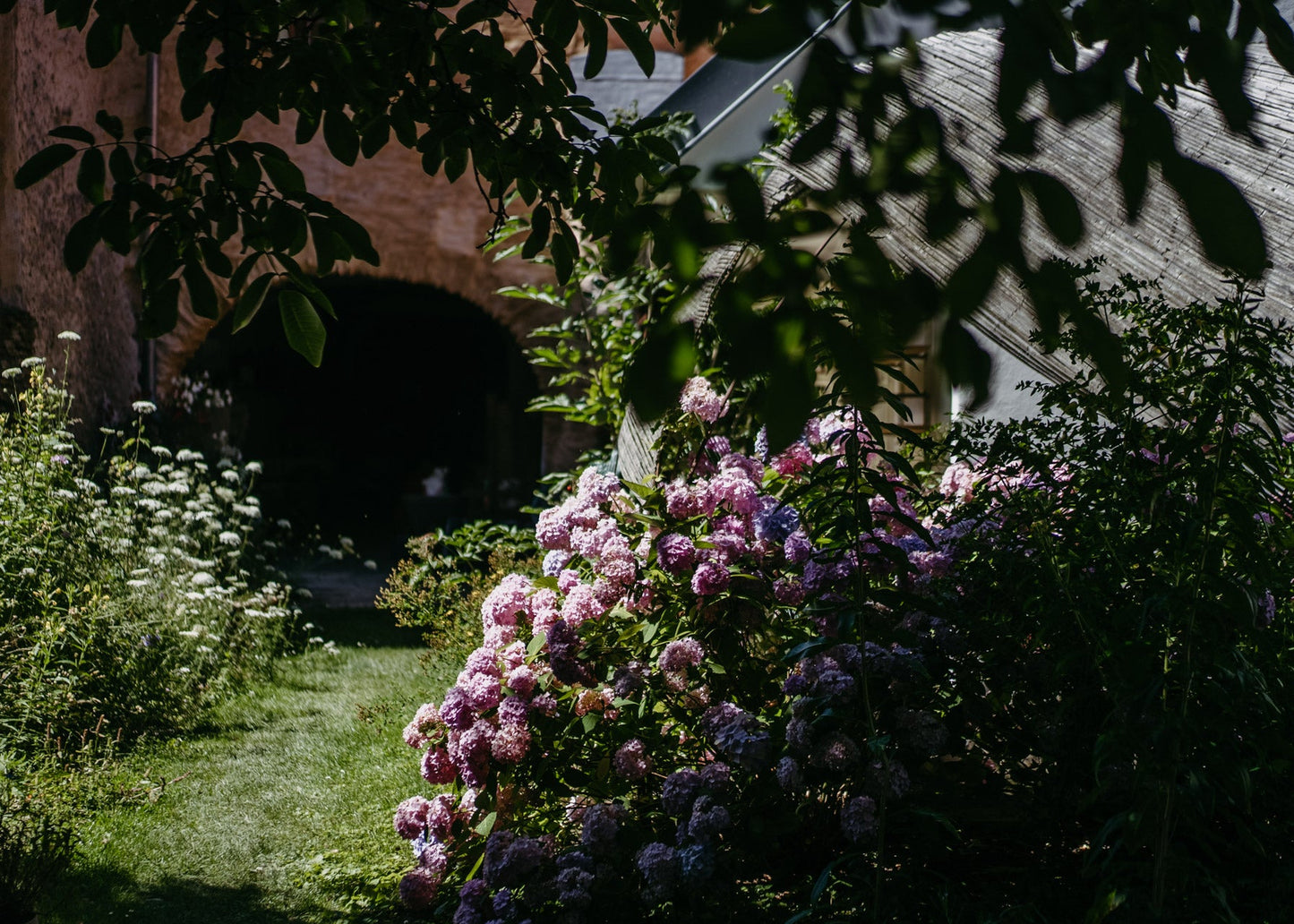 A lush garden scene with pink and purple hydrangea blooms in the foreground, green grass, dark leafy tree branches overhead, and a rustic stone building with an arched doorway in the background.