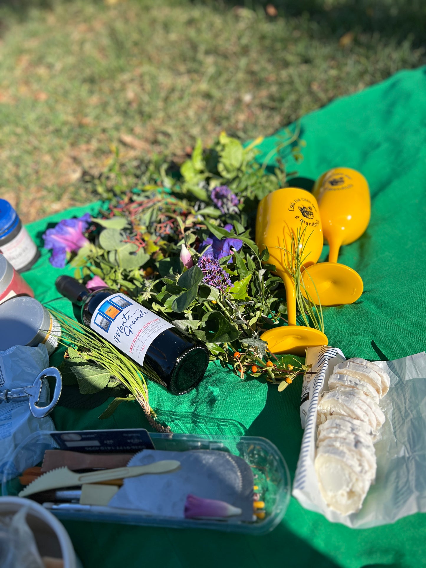 Herbal remedies and tools on a green blanket outdoors