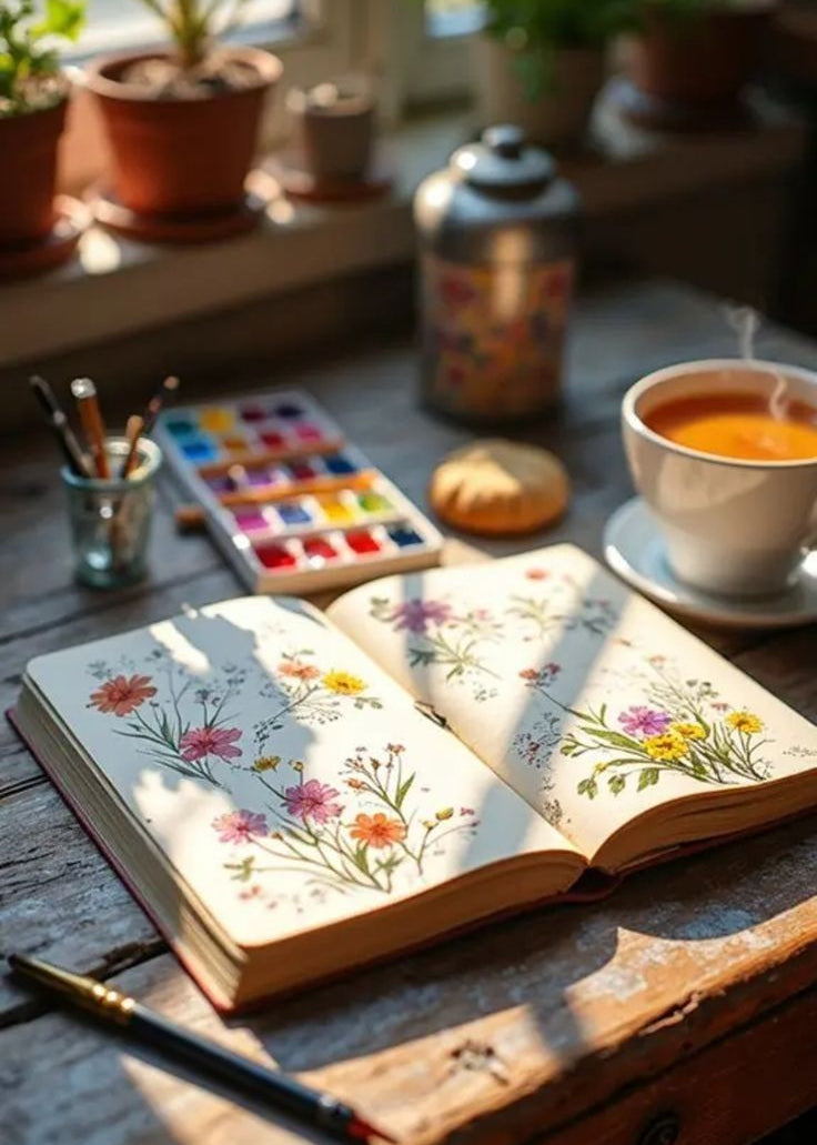 An open sketchbook with delicate floral illustrations lies on a rustic wooden table, surrounded by art supplies, a cup of tea, and potted plants in a warm, sunlit room.