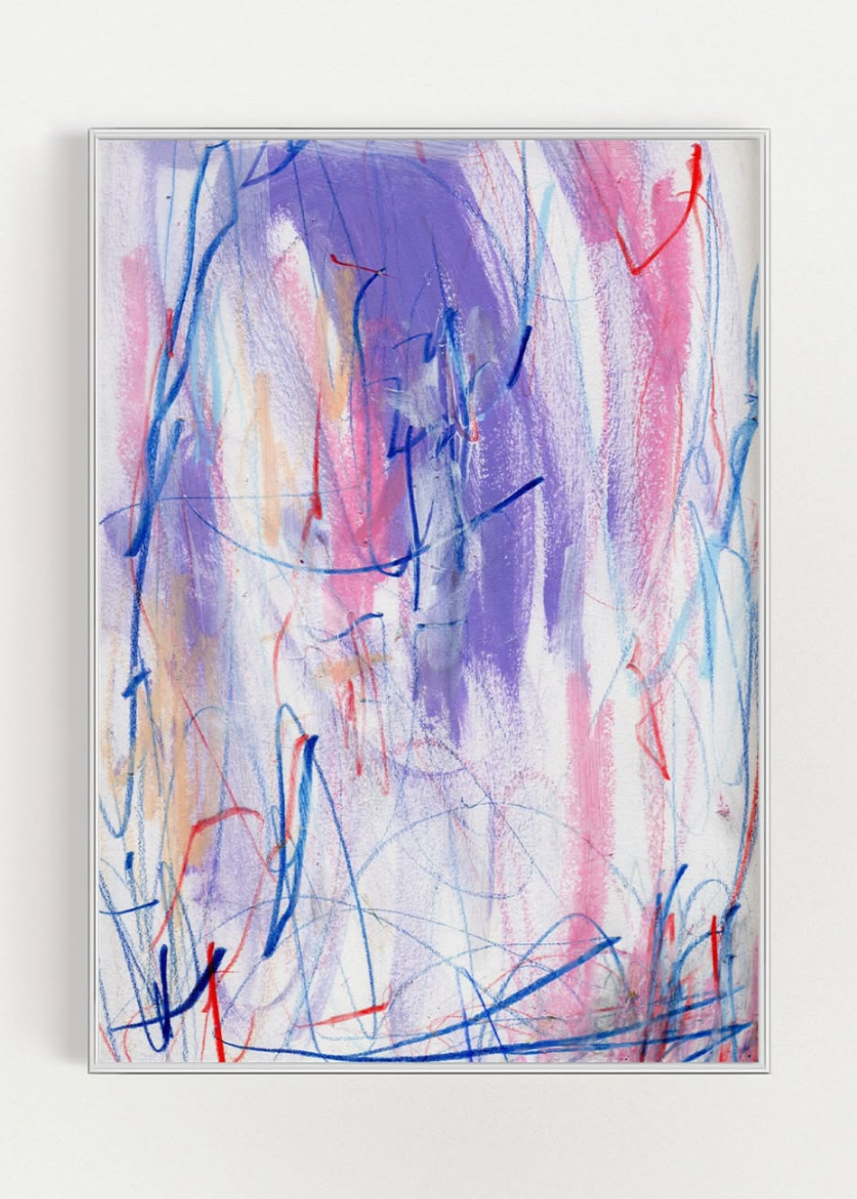 An abstract framed wall art print featuring expressive vertical brushstrokes and scribbled lines in purple, pink, blue, white, and touches of red, displayed against a light neutral wall.