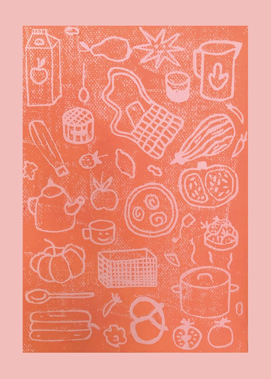 Pattern of kitchen items on a peach background