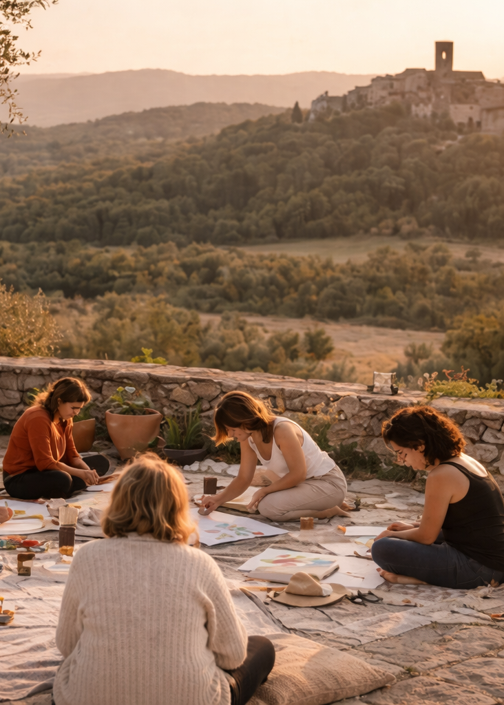 Group of people having a picnic in a scenic outdoor setting with a village in the background.