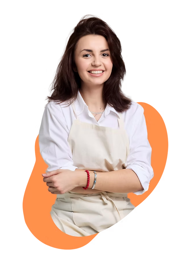 Woman wearing a white shirt and beige apron with an orange circle background