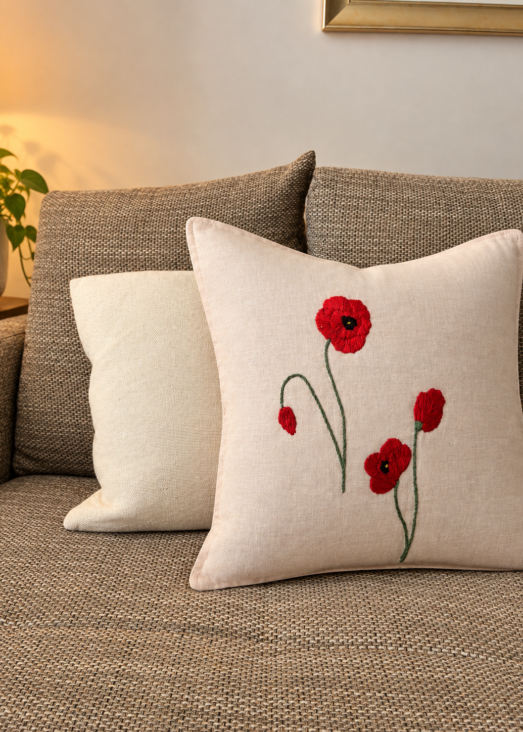 A square beige throw pillow with red poppy embroidery, styled on a textured brown sofa alongside a plain cream pillow.