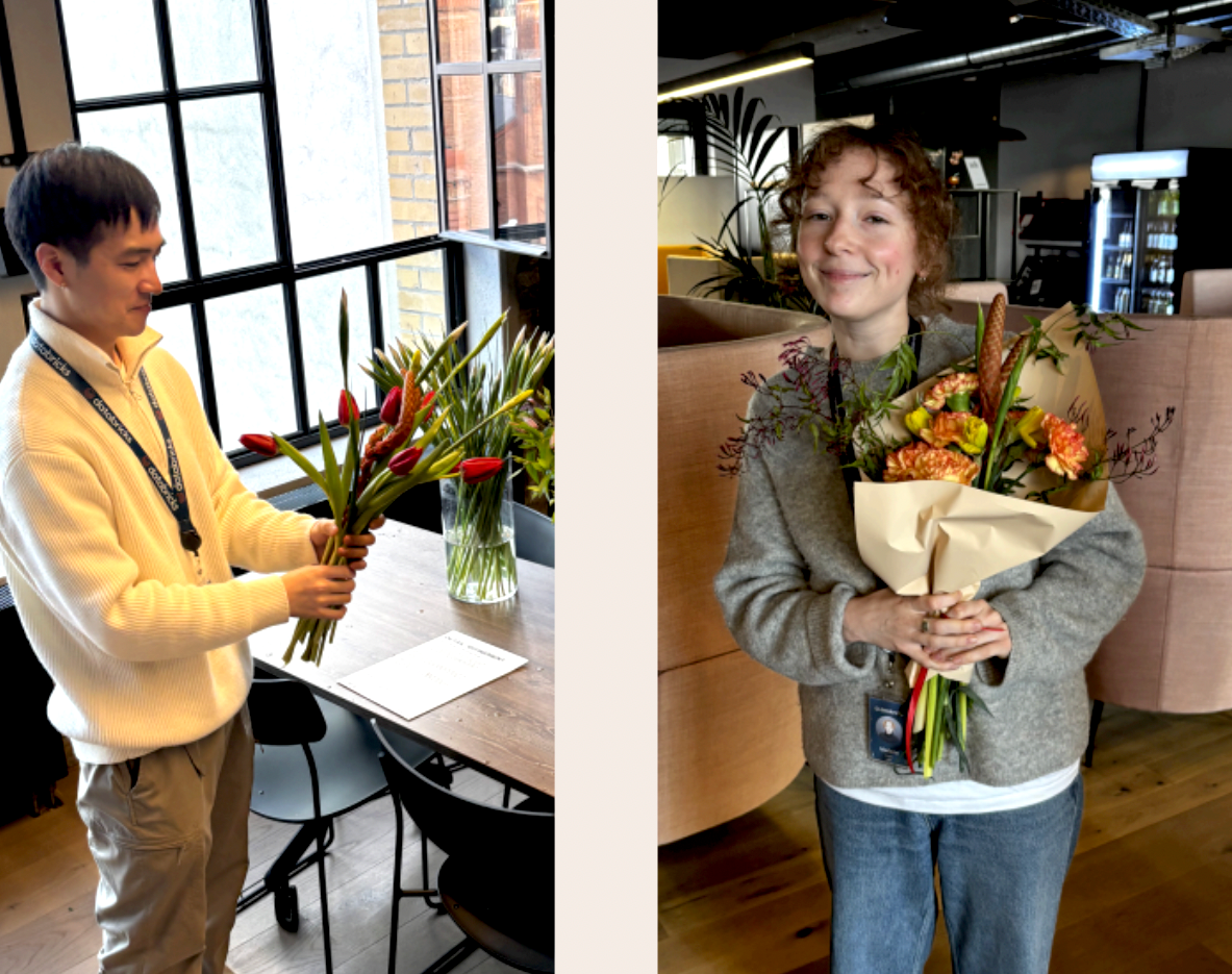 Two people holding flower bouquets indoors, one in a bright room and the other in a more neutral setting.