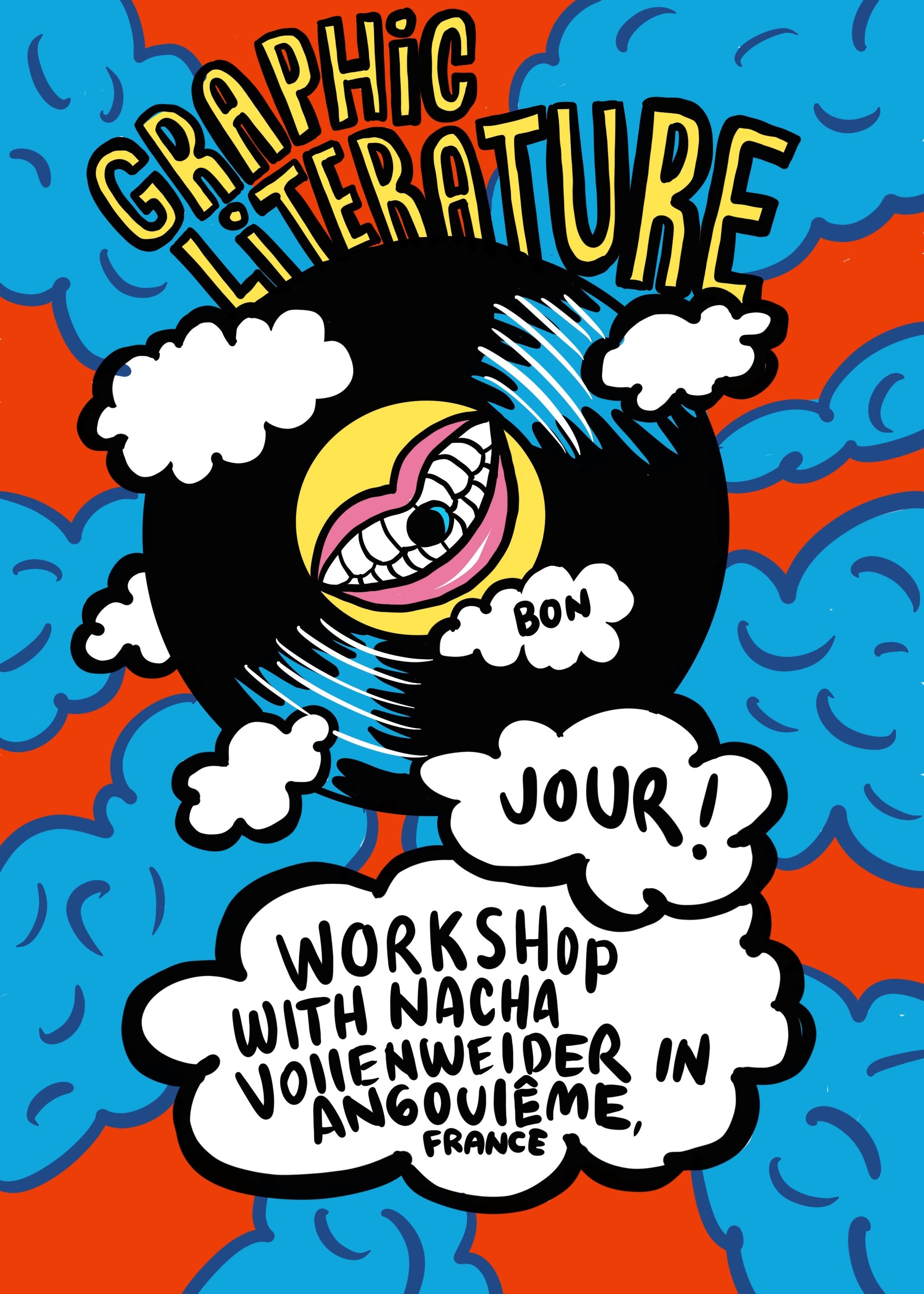 Promotional graphic for a graphic literature workshop with Nacha Vollenweider in Angouleme, France, featuring colorful text and abstract design.