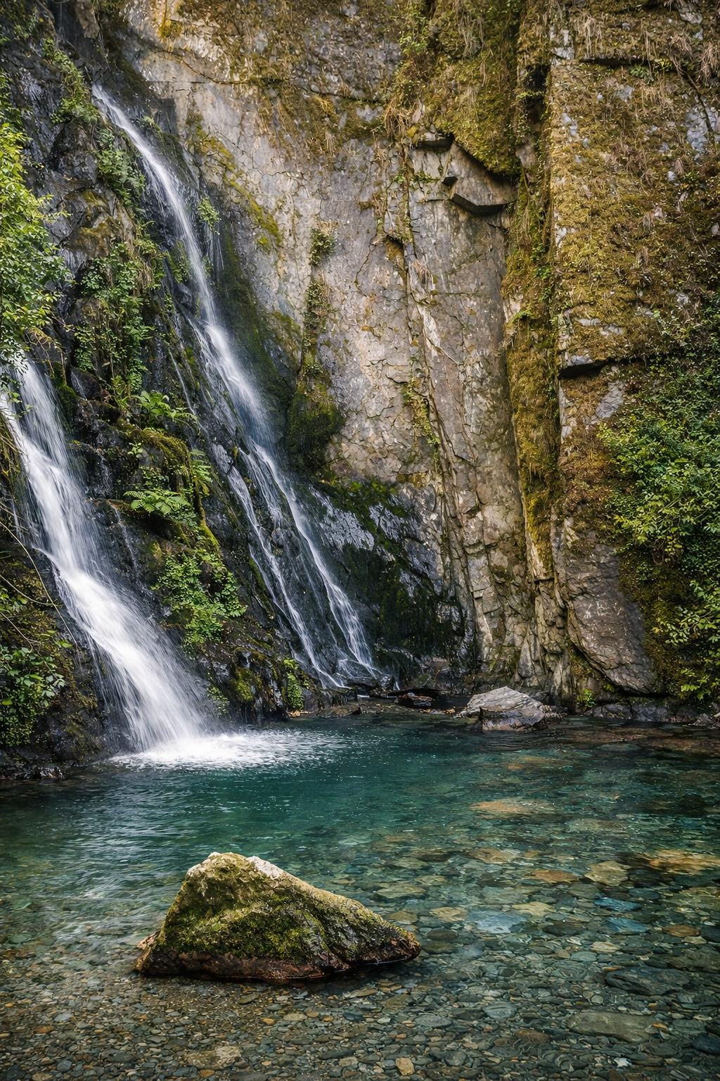 A scenic landscape photograph of a waterfall cascading into a clear turquoise pool, surrounded by mossy rock cliffs and a large moss-covered boulder in the foreground.