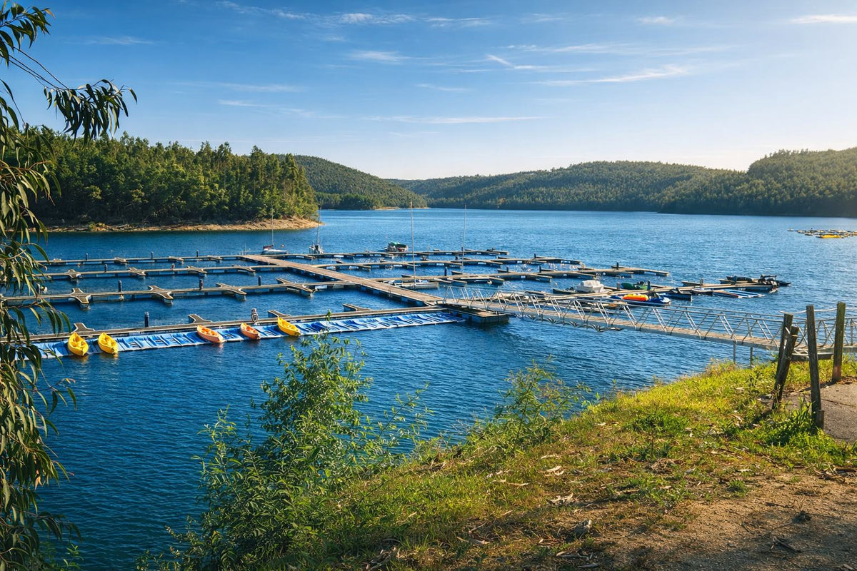 A scenic view of a large blue lake with floating docks, numerous small yellow and blue boats, and forested hills under a clear blue sky.