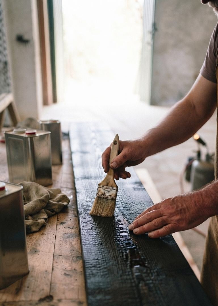 A person's hands applying a dark wood finish or varnish with a brush to a long dark wooden plank on a workbench, with metal cans and a rag nearby in a rustic workshop setting.