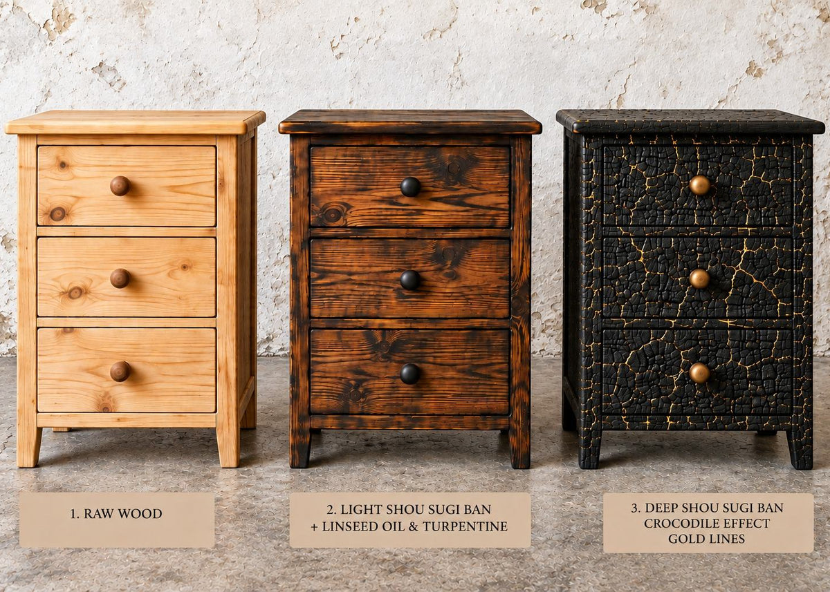 Three three-drawer nightstands shown side by side in different finish options: natural raw wood, light shou slagi ban with linseed oil and turpentine, and a black crocodile effect with gold lines. Each nightstand has three drawers with round knobs, and labels at the bottom describe the finishes.
