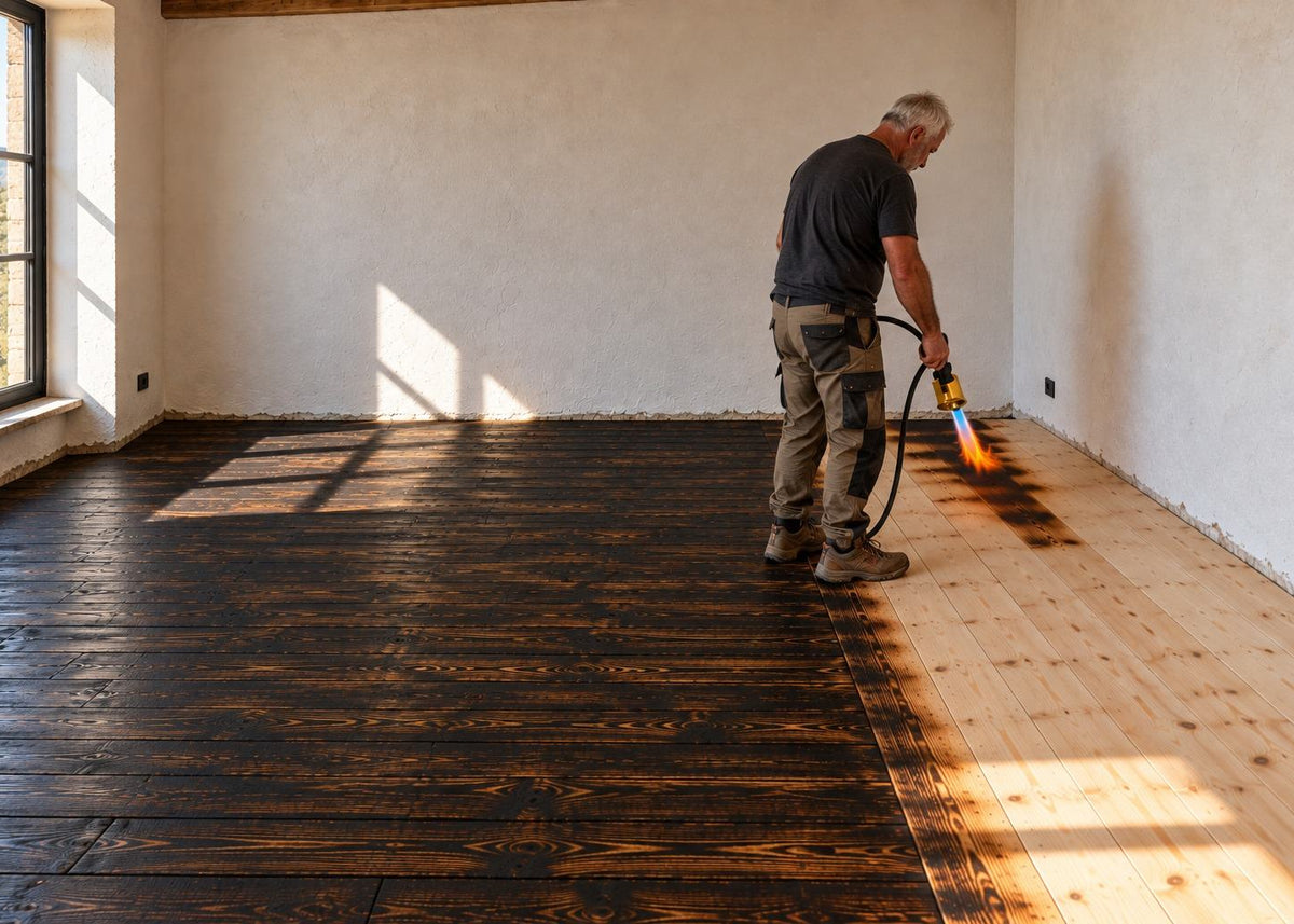 A man stands in a room with dark stained wood floors and light natural sunlight streaming in from a window, using a torch flame spray gun to apply stain to the floor.
