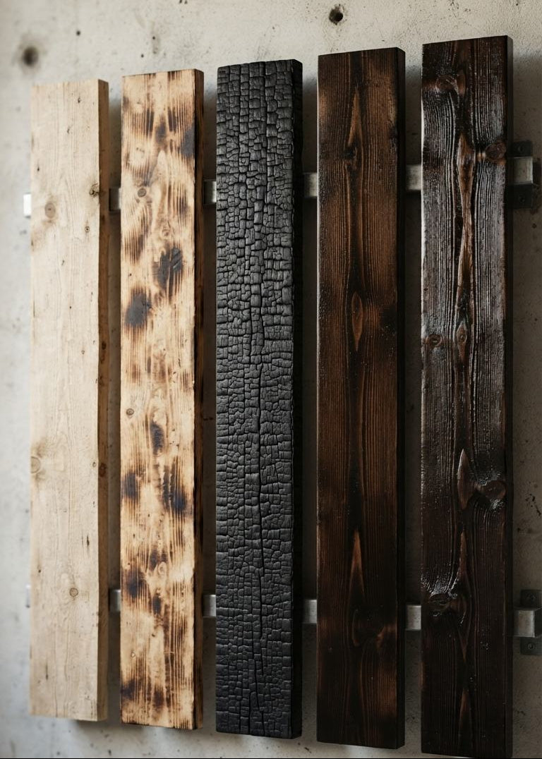 Five vertical wooden boards in different rustic finishes mounted on a concrete wall, showing natural wood, charred brown wood, black bark-textured wood, dark brown wood, and very dark stained wood.