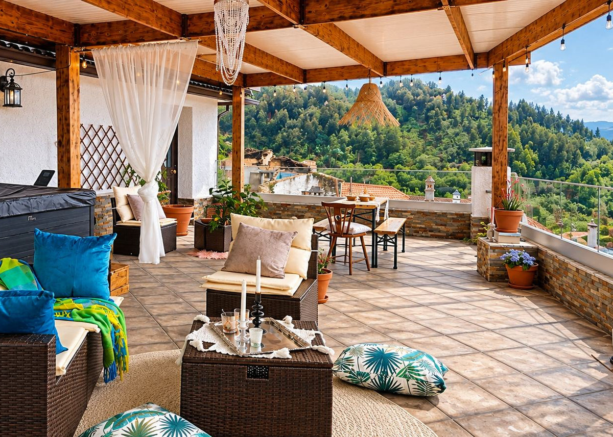 A luxury outdoor patio overlooking a lush green mountain valley, furnished with wicker furniture, blue and green pillows, and a covered hot tub under a wooden pergola.