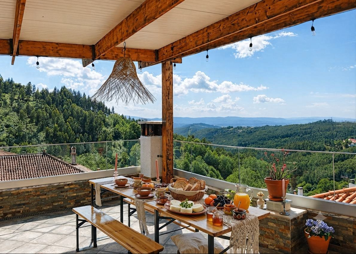 Outdoor dining setup on a stone patio overlooking a lush green mountain valley under a bright blue sky. A wooden table is set with bread, fruit, and drinks, with rustic wooden beams and a woven pendant light overhead.