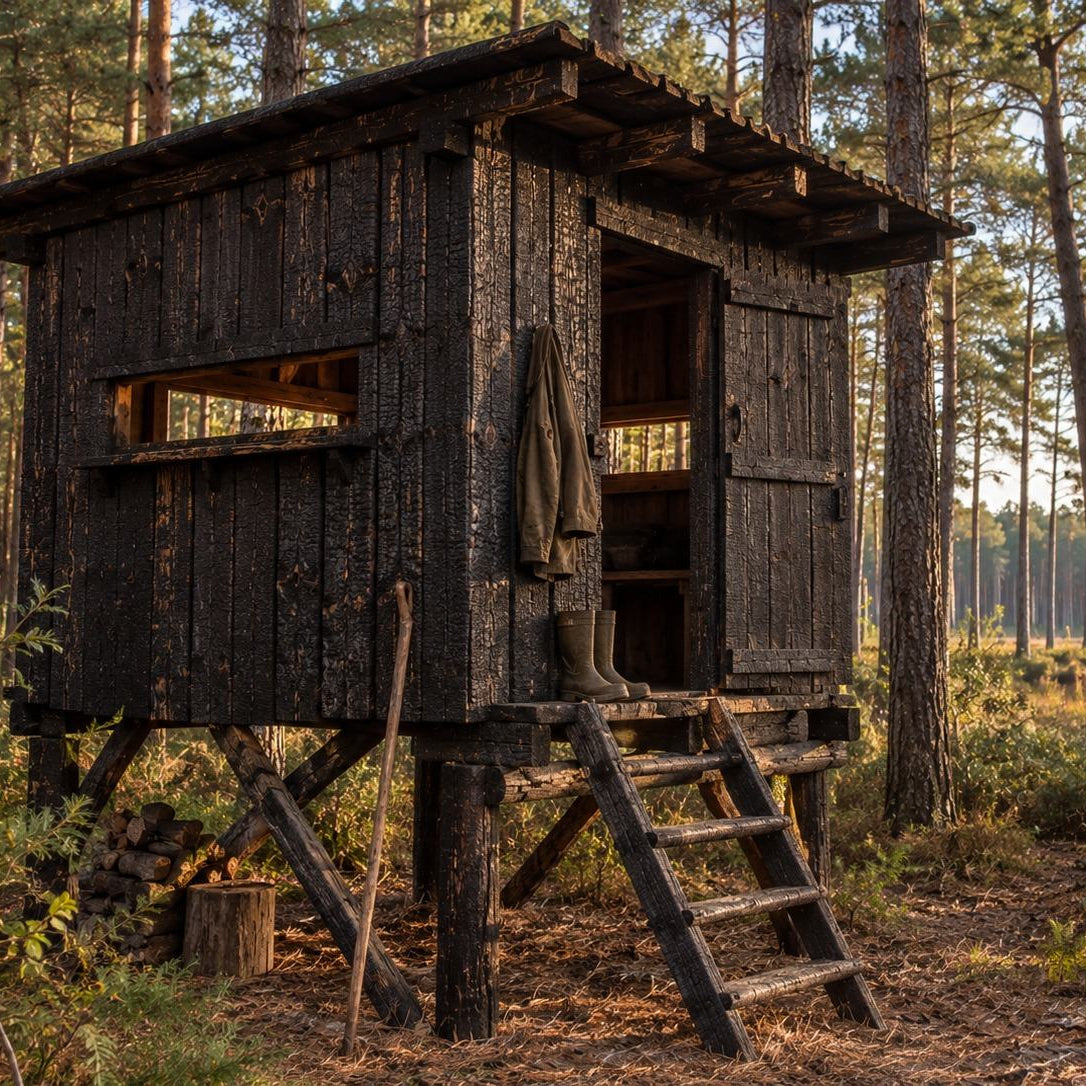 A rustic elevated wooden hunting blind or cabin made of dark weathered wood, set in a dense pine forest with a small wooden ladder leading up to the door. A coat hangs on the doorframe, and boots are visible inside.