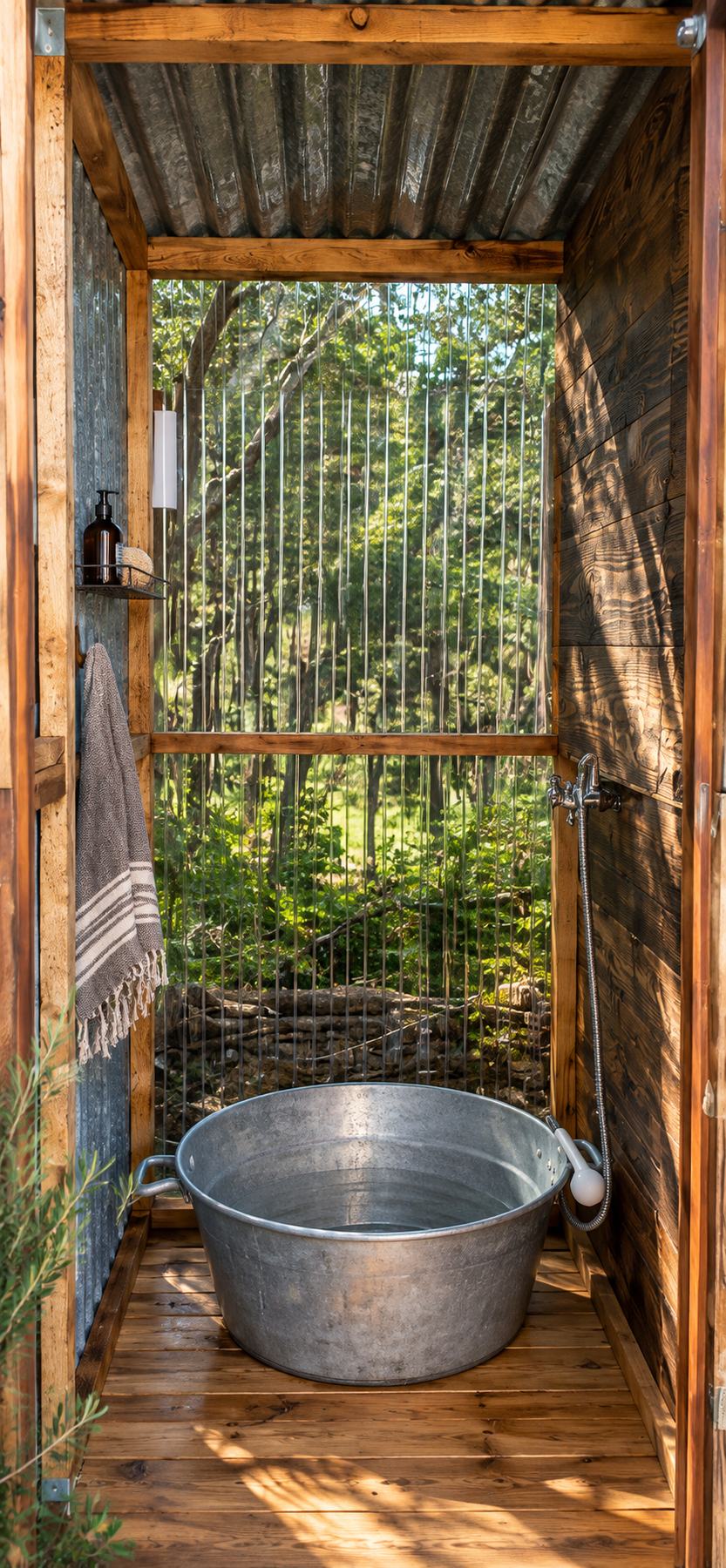 A rustic outdoor shower enclosure with a galvanized metal tub, wooden walls and floor, and a wire mesh screen overlooking a forest.