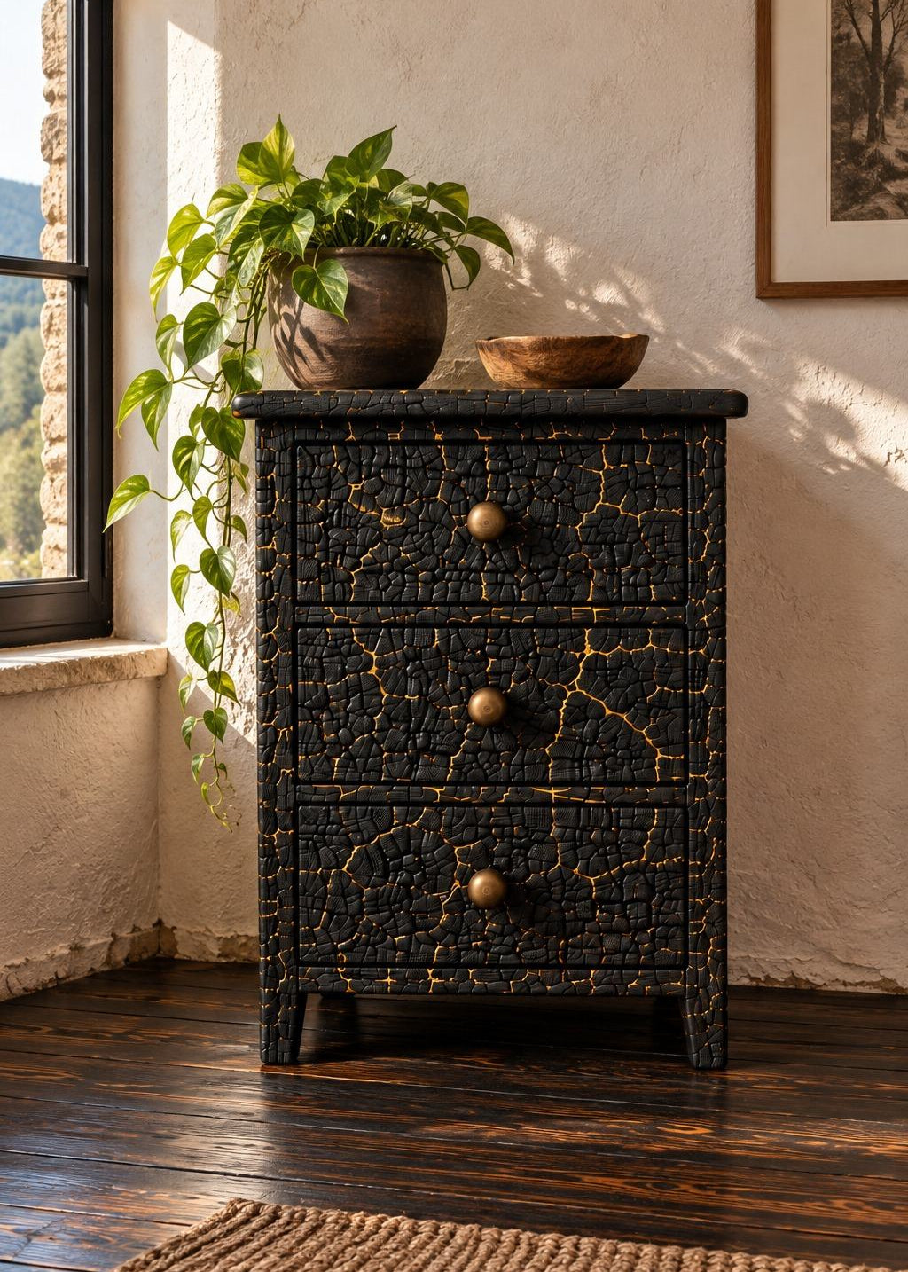 A black three-drawer nightstand with a distressed gold crackle finish and round brass knobs, styled in a rustic room with a potted plant and bowl on top.