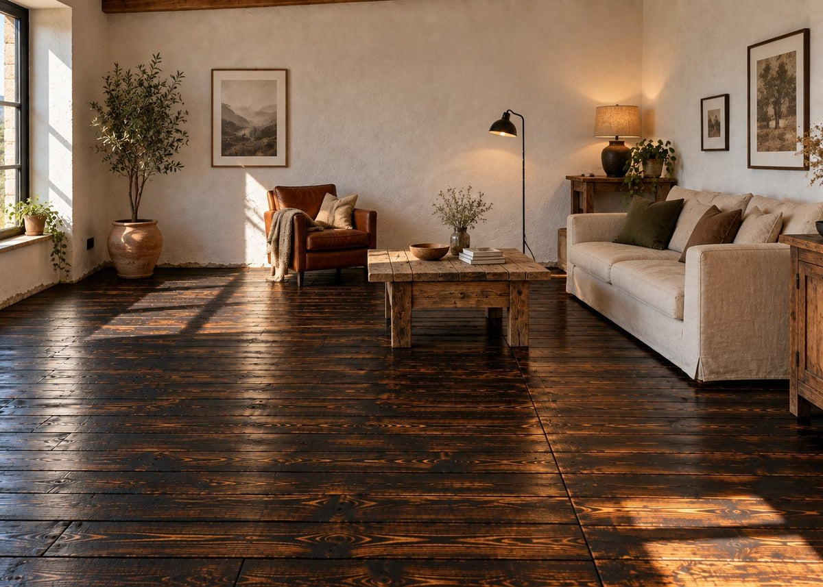 A rustic, warm-toned living room featuring dark stained hardwood floors, a cream-colored sofa, a brown leather armchair, and a wooden coffee table, with sunlight streaming in from a window on the left.