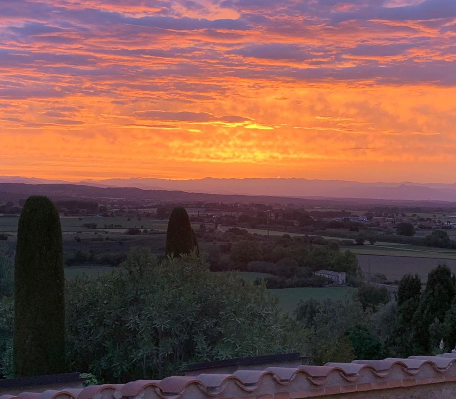 Sunset over a landscape with trees and fields