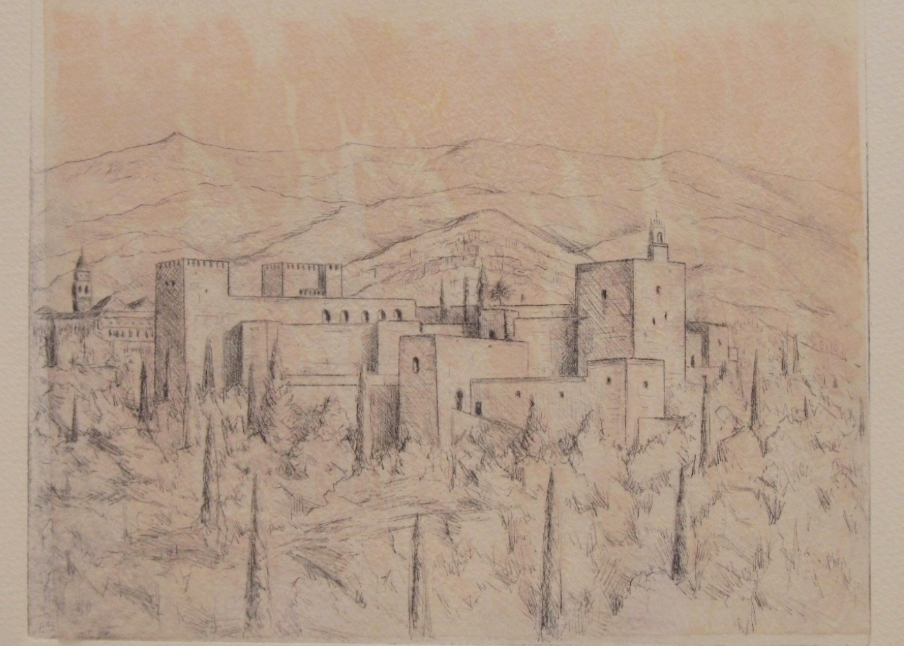 Sketch of a castle or fortification with mountains in the background