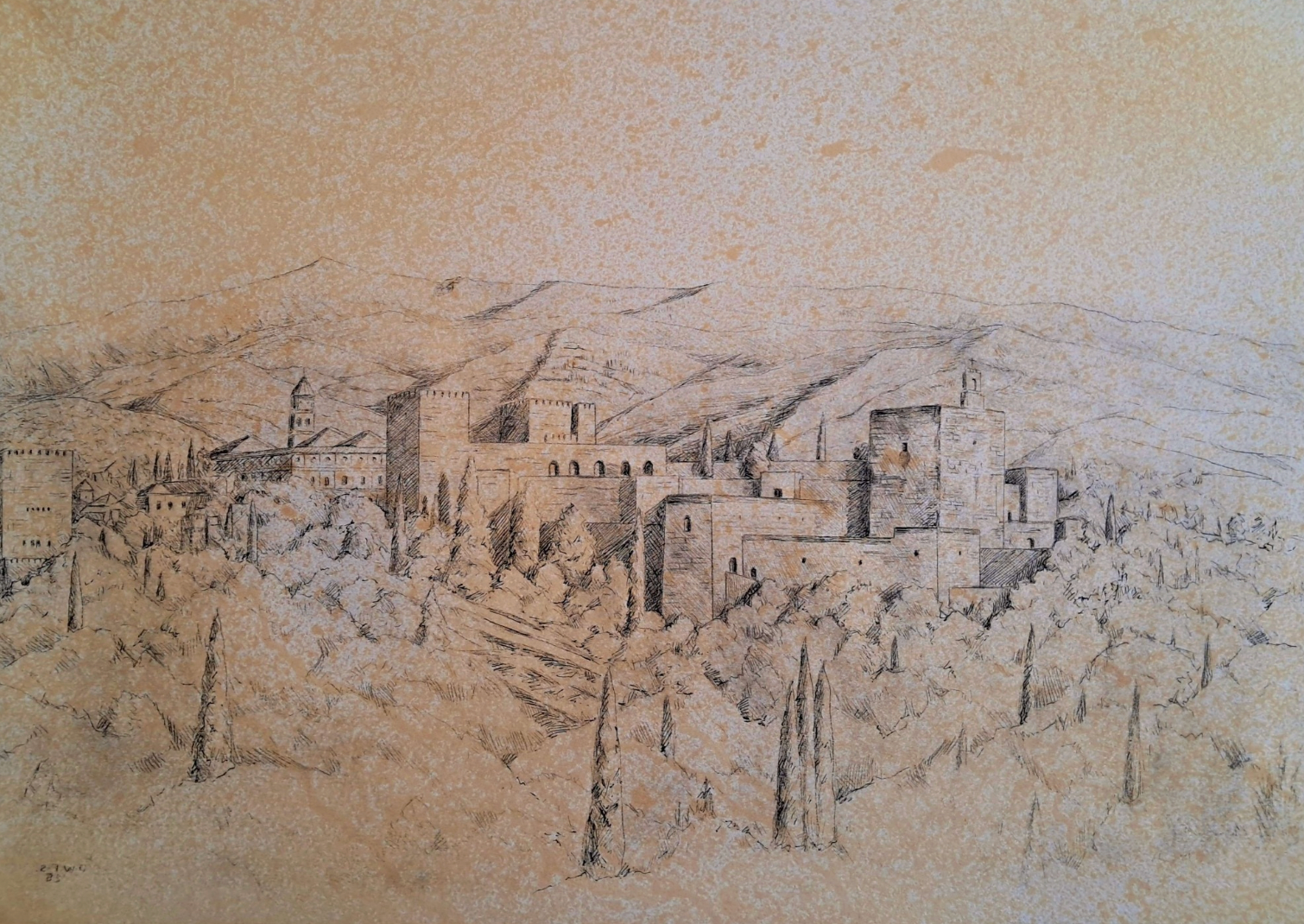 Sketch of a village or town with buildings and hills in the background
