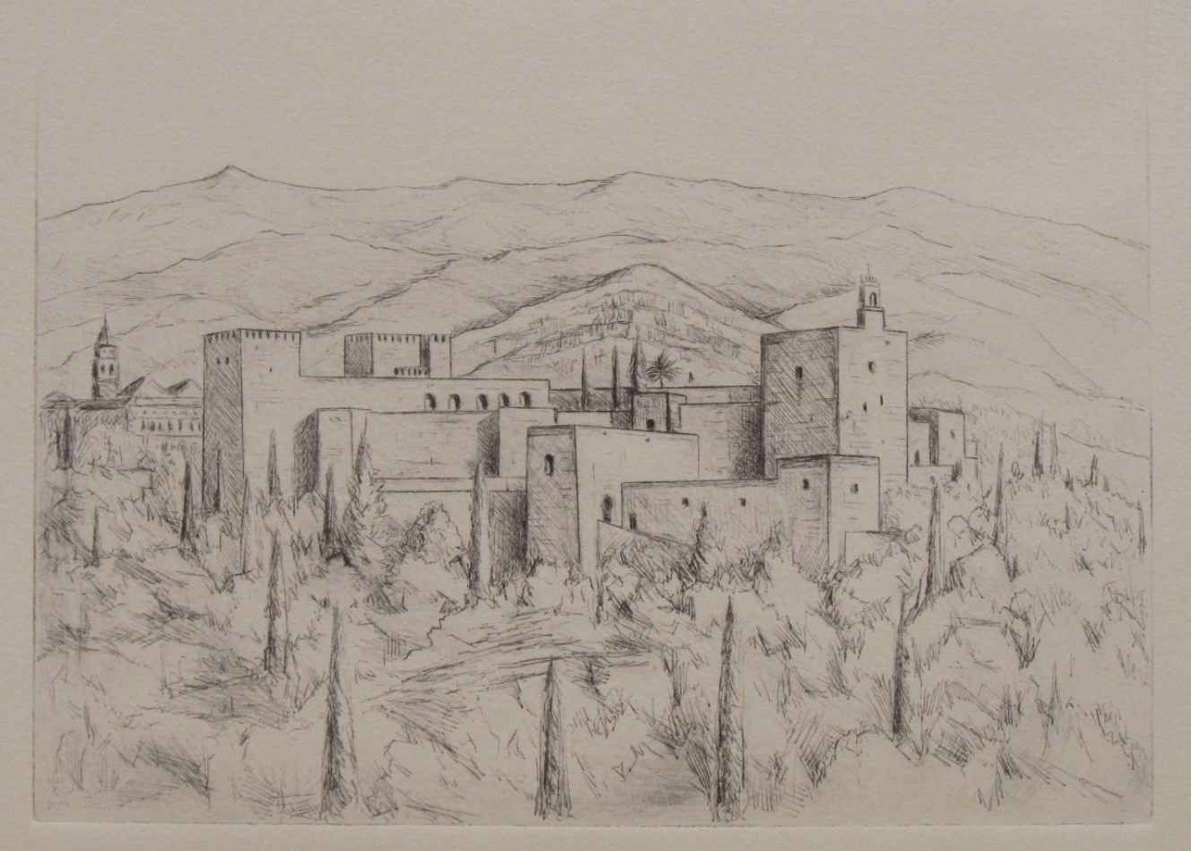 Pencil drawing of a castle with surrounding landscape