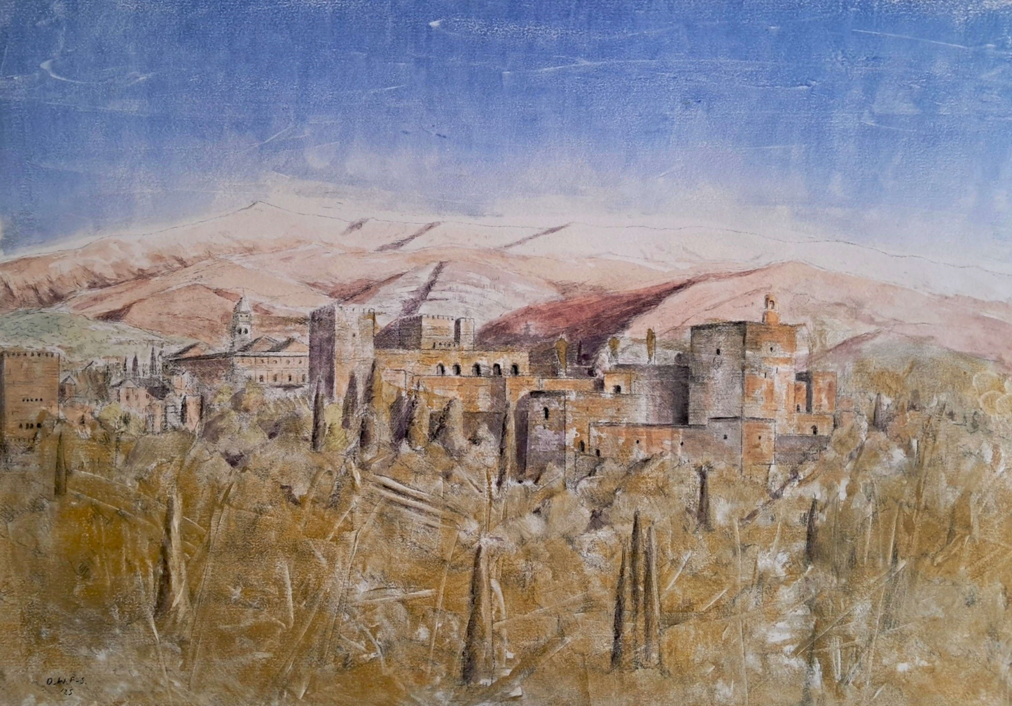 Painting of a fortified town with mountains in the background