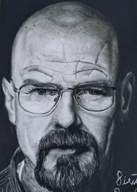 A black and white pencil portrait drawing of a bald man with glasses and a beard, shown close up on a dark background with a wood surface edge visible at the left.